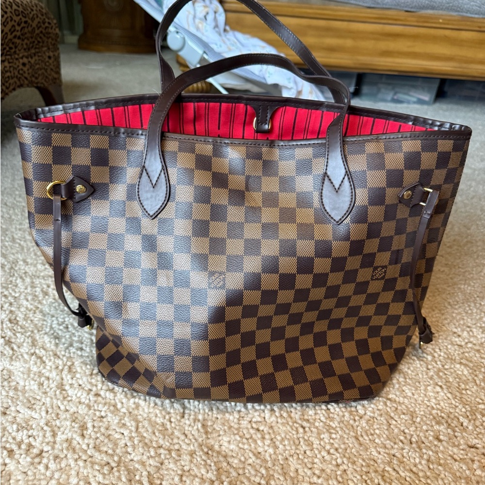 Brown Checkered Tote Bag with Red Interior